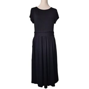 Boden Black Jersey Midi Dress UK 14L US 10L Viscose Fit & Flare Short Sleeve